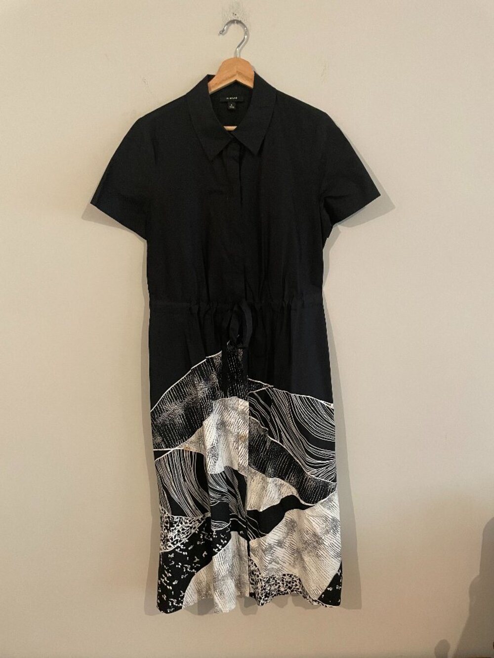 Alfani Mixed Media Shirt Dress Womens Medium M Black Abstract Graphic Midi EUC